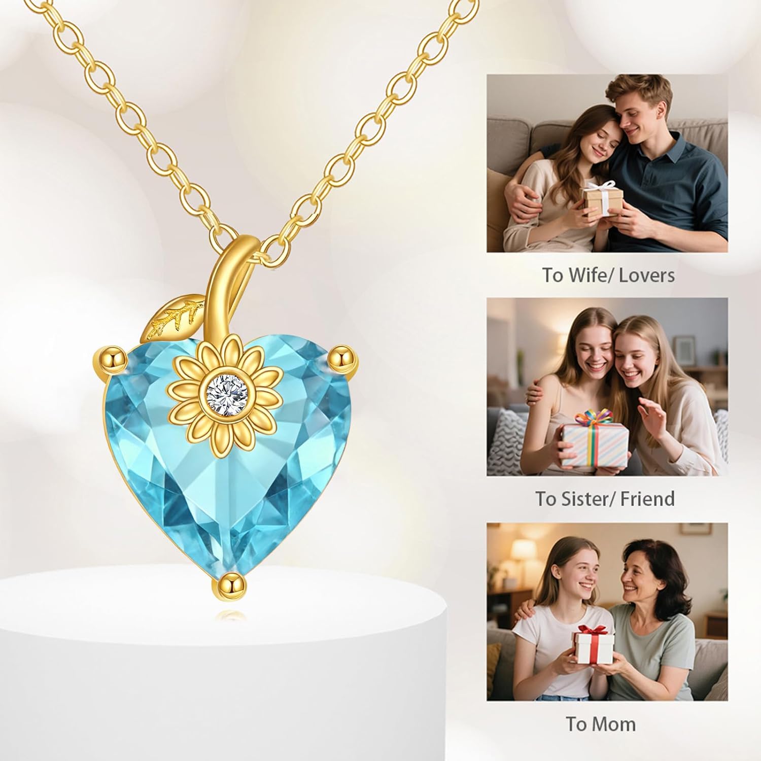 14K Solid Gold Heart Birthstone Necklace 3 Carat Created Gemstone Sunflower Pendant... - Image 2