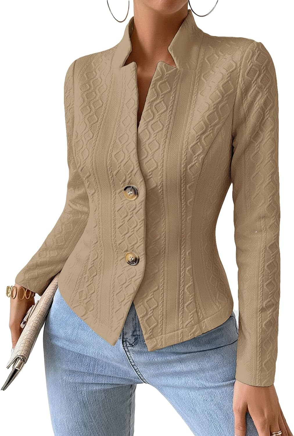 Mina Self 2026 Spring Women's Jacquard Sweater Blazer Jacket - Knit Slim Stand Collar V-Neck Full-Lined Petite Work Coat
