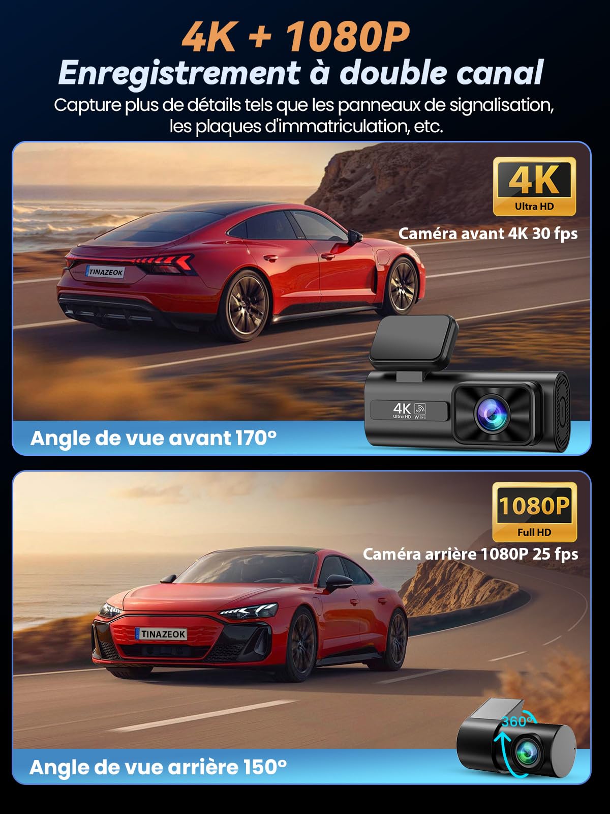C3 Dashcam Voiture Avant arrière, caméra 4K+1080P, Wi-FI 5GHz avec contrôle Via app, Carte SD 64GB, Vision Nocturne, Grand Angle 170°, WDR, stationnement 24H, capteur G, Installation Facile