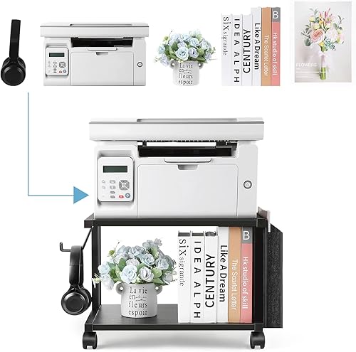 Miniatura 10 de Soporte de impresora debajo del escritorio, mesa de impresora con almacenamiento pequeño carrito de impresora con ruedas, soportes de impresora de