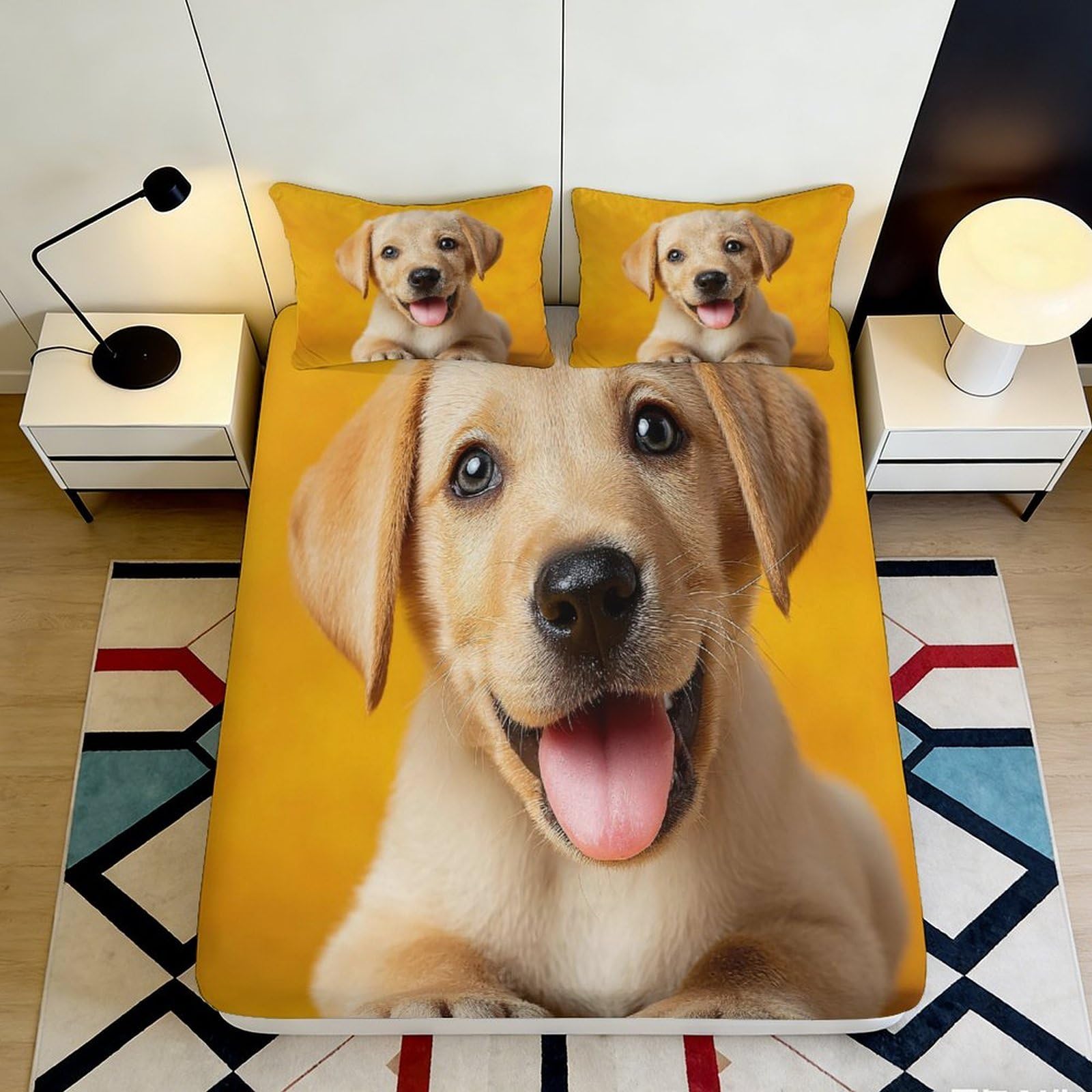 3D Printed Cute Labrador Puppy Fitted Sheet Microfiber Non-Slip Mattress Cover Yellow Dog Decor for Bedroom Guest Room 120x200x25cm