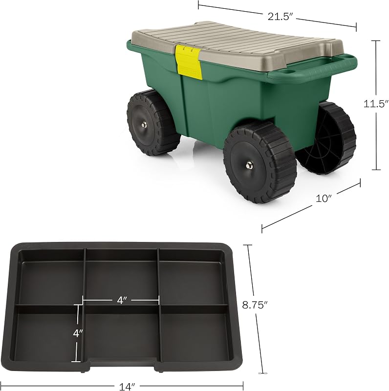 Rolling Garden Cart with Seat - Plastic Storage with Bench and Interior Tool Tray - Gardening Stool for Weeding and Planting By Pure Garden (Green) image 3