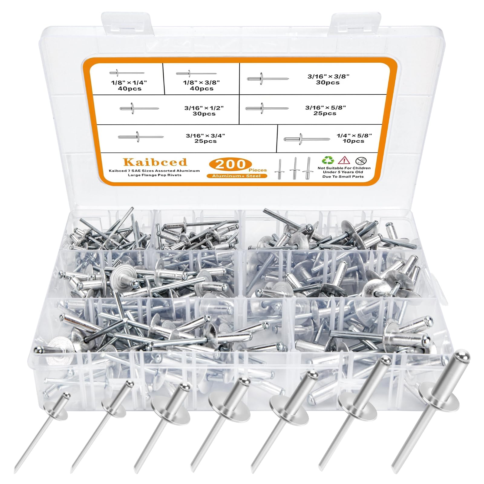 200PCS Pop Rivets Assortment Kit, Kaibced Large Flange Aluminum Rivets(1/8" 3/16" 1/4") Assorted Blind Rivets with Case (Silver)