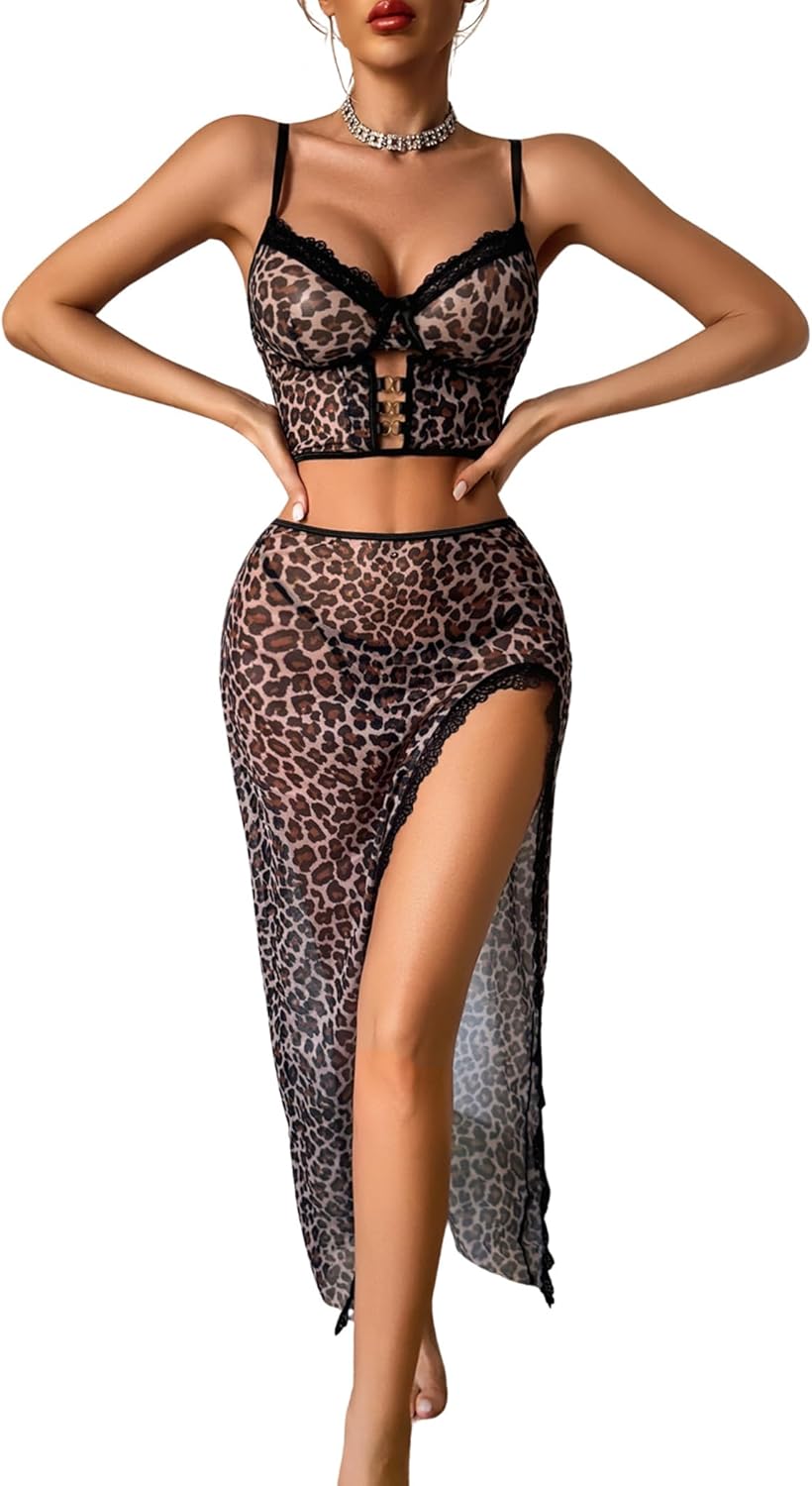 Avidlove Lingerie for Women 3 Pieces Set - Lace Long Nightgown with Side Split, Sexy Chemise for Bridal & Valentine's Day