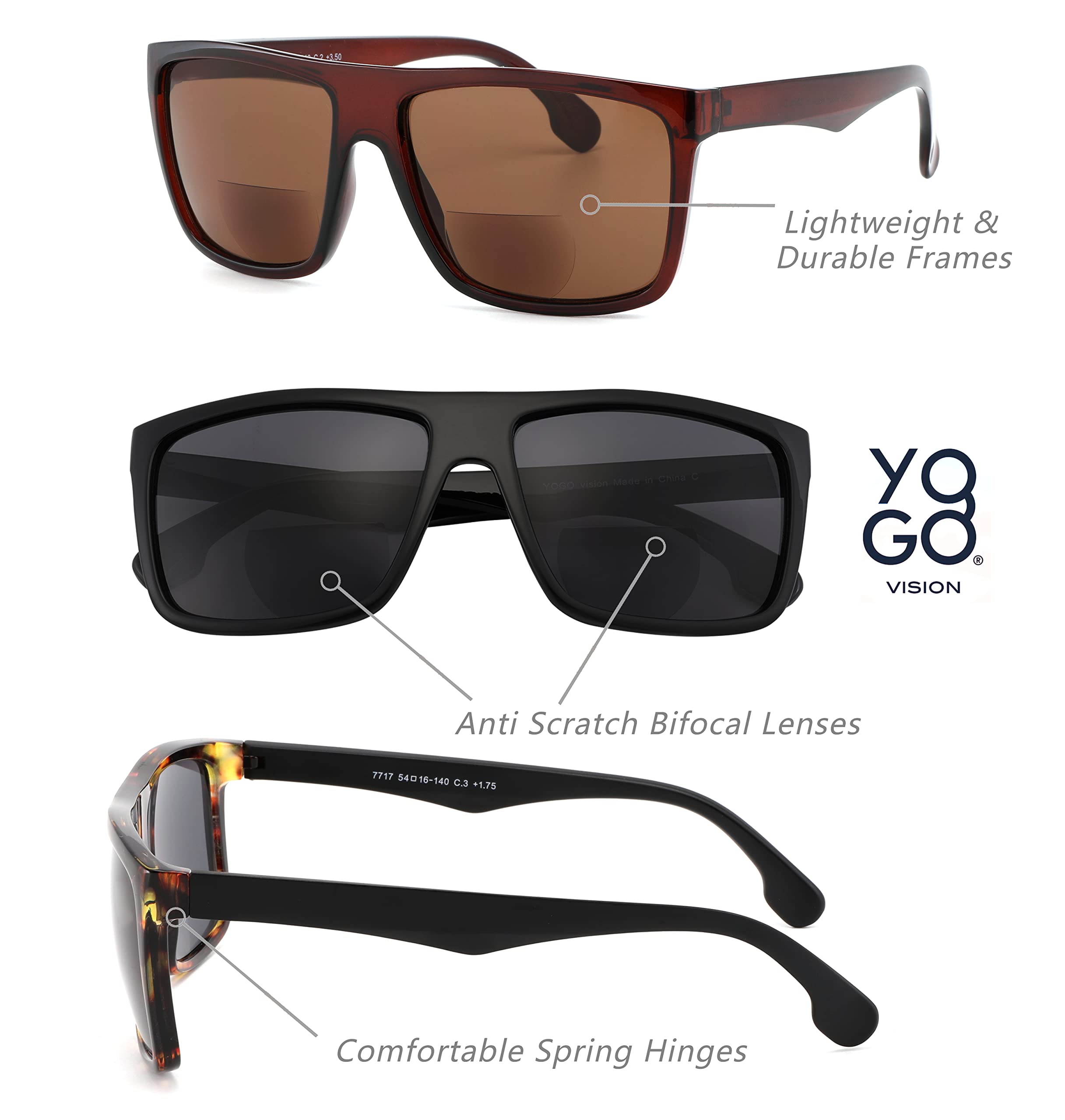 Yogo Vision Bifokale Lese-Sonnenbrille für Männer und Frauen – Klassisch, Retro-Stil, UV400-Sonnenschutz, Lesebrille für den Außenbereich, 3er-Pack: Glänzendes Schwarz, Transparentes Braun, Demi 2,5