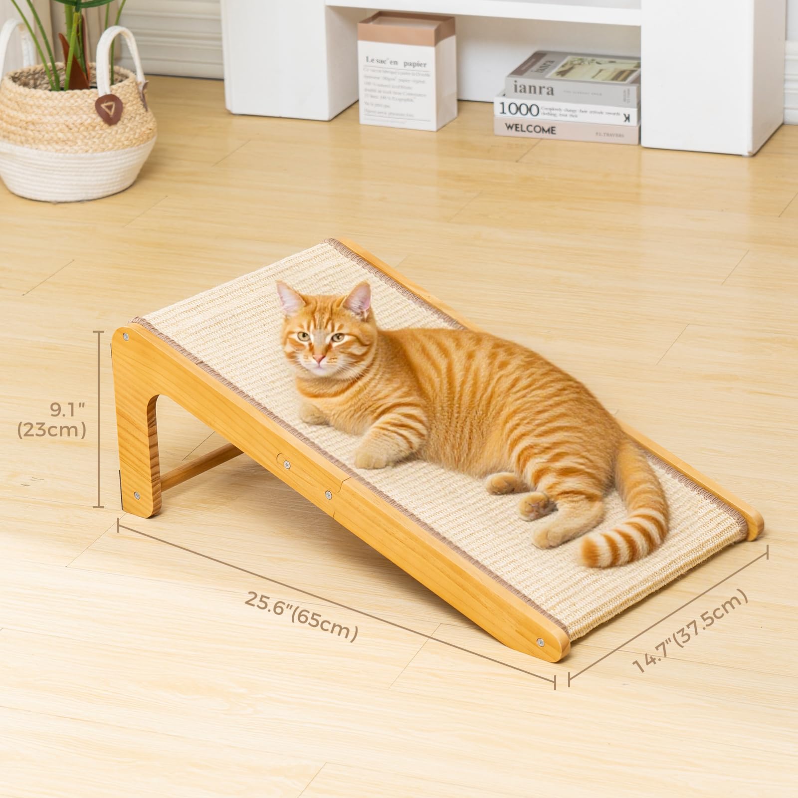 Avont Griffoir pour Chat en Sisal Naturel, Gratoir pour Jouer et Grimper, en Forme de L, Angle à 110°, Rampe et Planche Griffoir Chat en Bois, Grand Grattoir, Protection des Meubles 65×37 cm –Style B