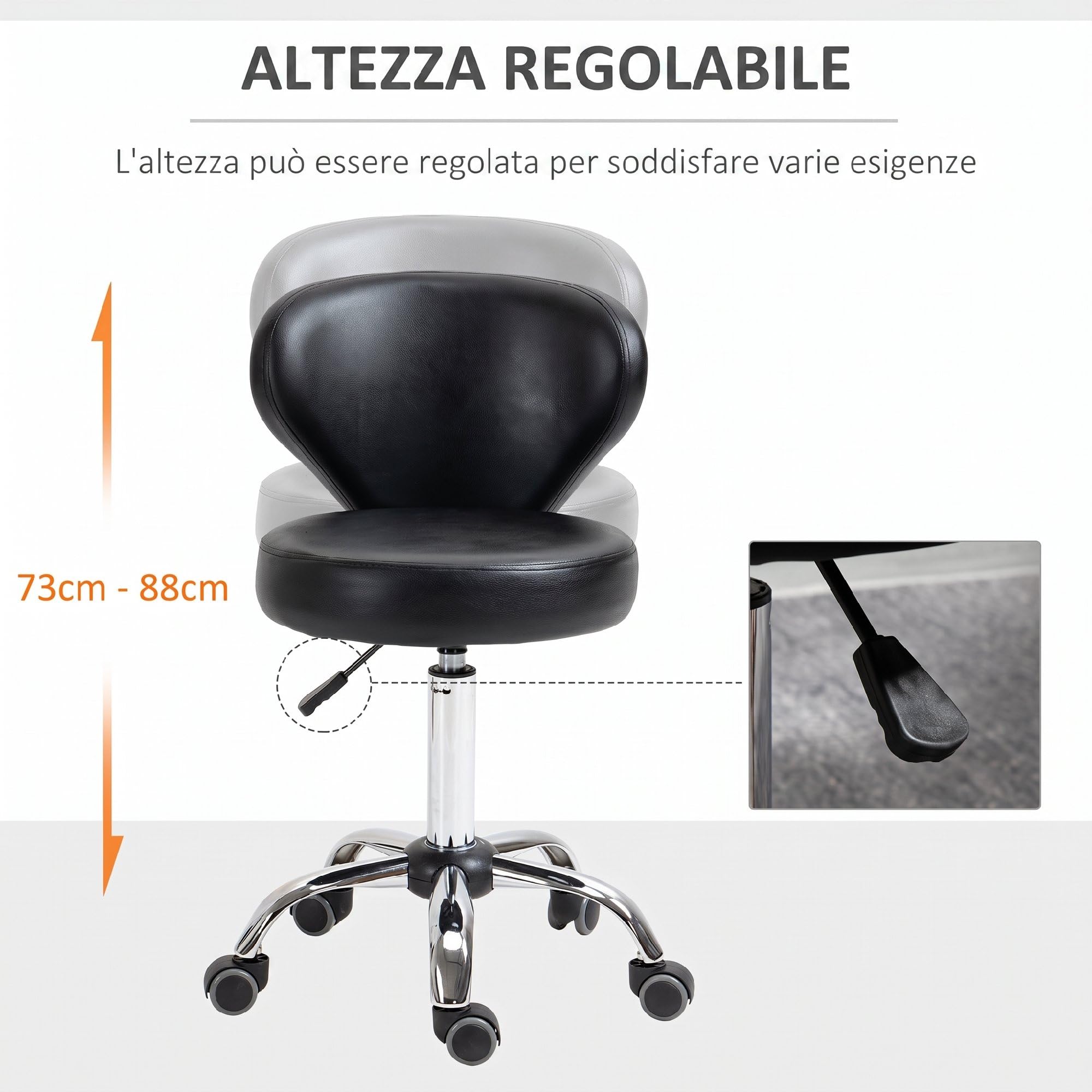 HOMCOM Sgabello Regolabile Girevole a 360° 45x54x73-88 cm Nero | Sgabello da Estetista, Schienale, Ruote, Struttura in Acciaio, Finta Pelle