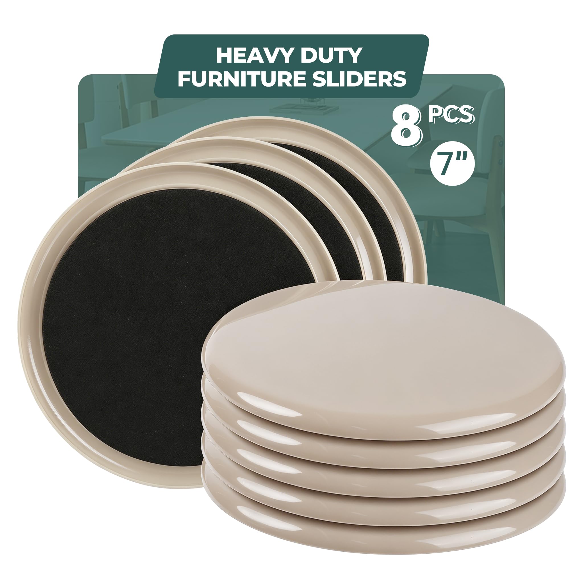 Round Furniture Sliders 8pcs 7 inch, Heavy-Duty Reusable Movers Sliders for Hardwood Floors & Carpet, Chair Sliders， Furniture Moving Sliders to Protect Floors and Move Furniture Easily(Beige)