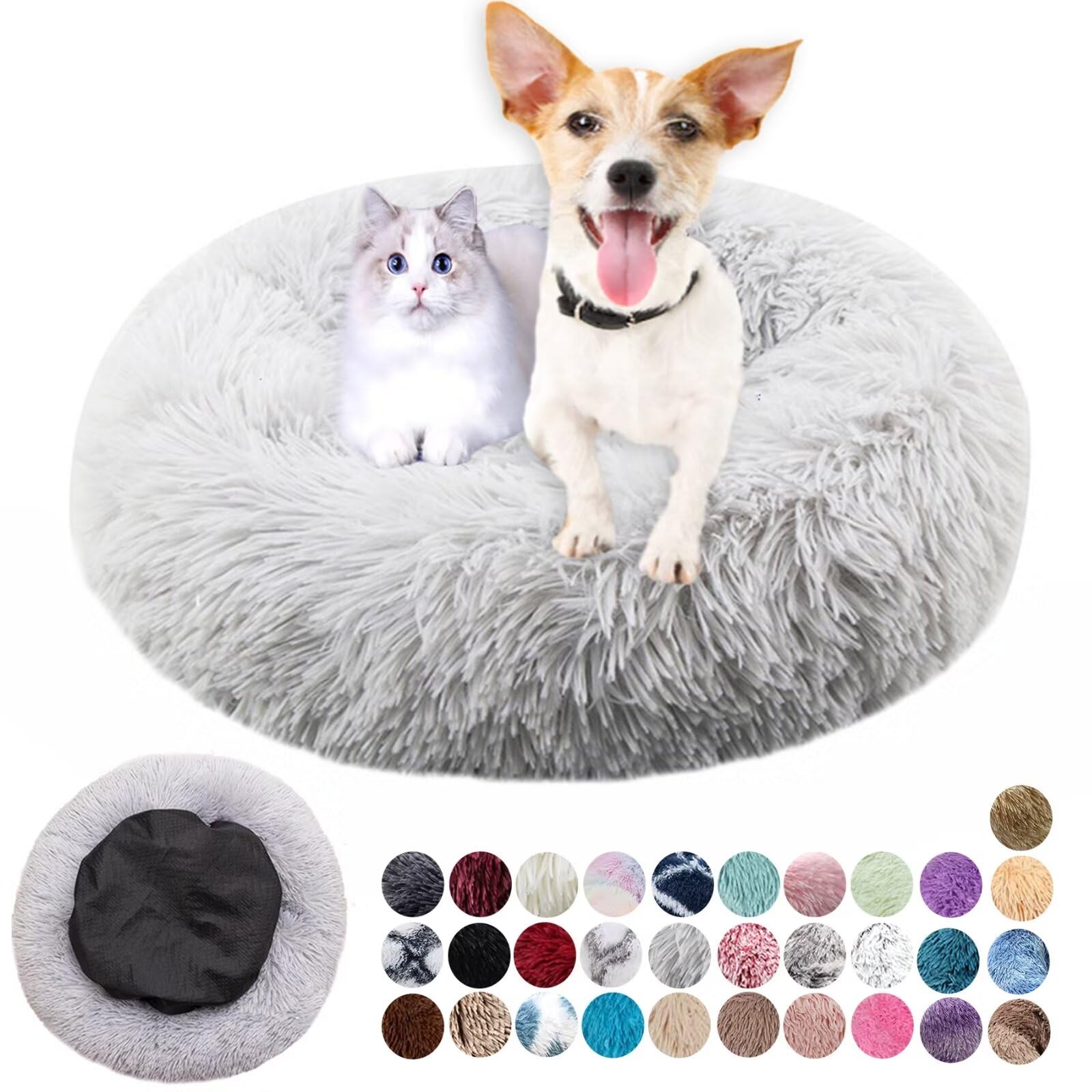 Soft Fluffy Round Dog House - Calming Pet Bed, Plush Anti-Anxiety, Anti-Slip, Easily Washable, Improving Sleep, Small to Large, Light Gray, 70cm