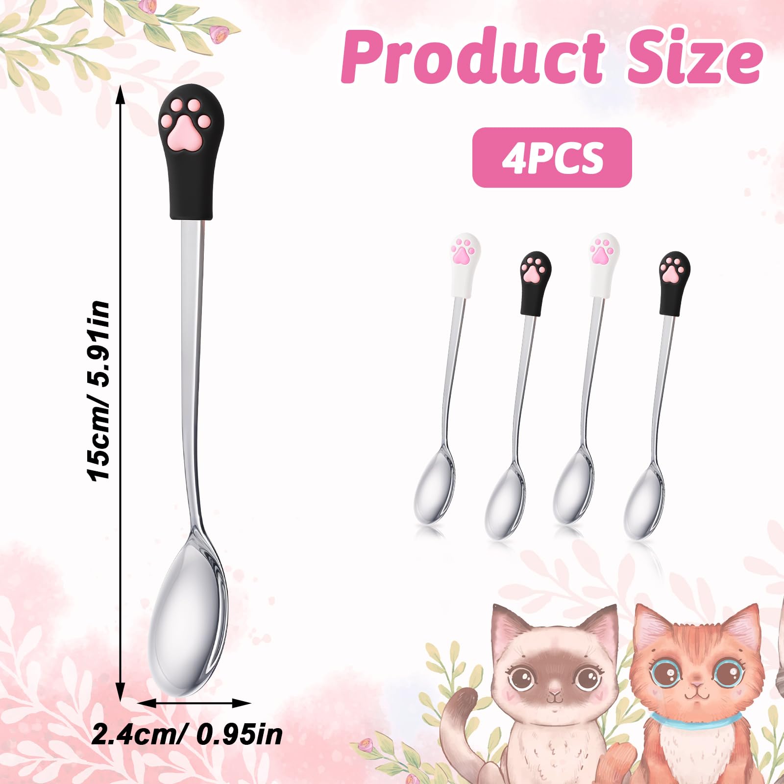 4 pcs Dog Spoon with Silicone Cats Claw, Stainless Steel Cat Spoons for Wet Food, Long Handle Dog & Cat Food Can Opener for Pet Dogs and Cats Can (White Black)