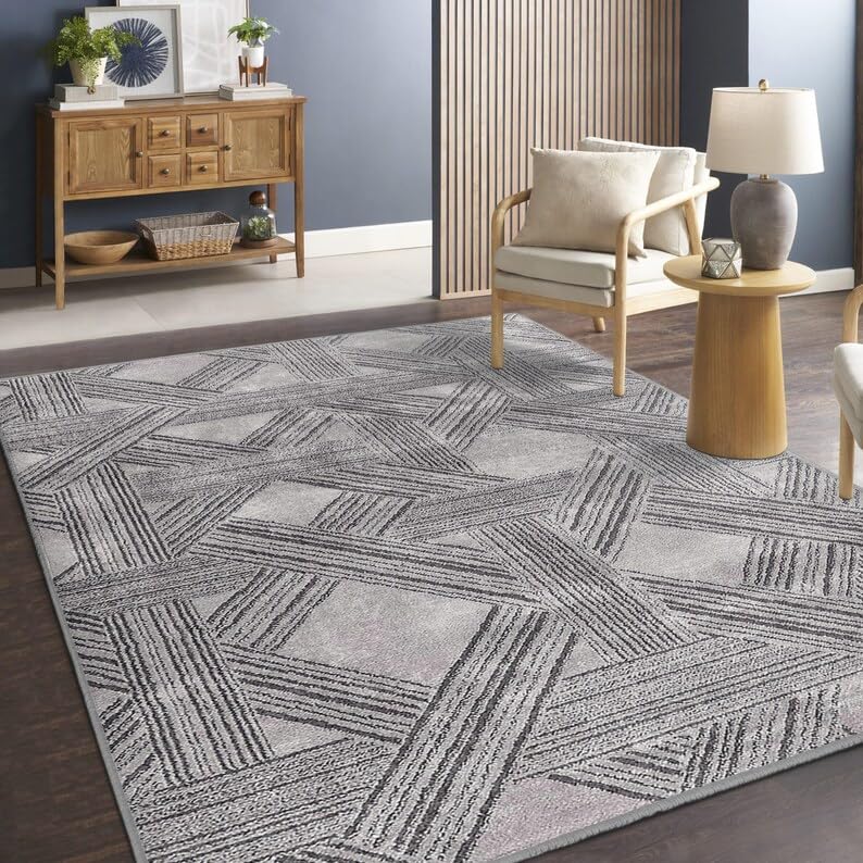 Tapis texturé moderne gris style chevrons géométriques haut de gamme