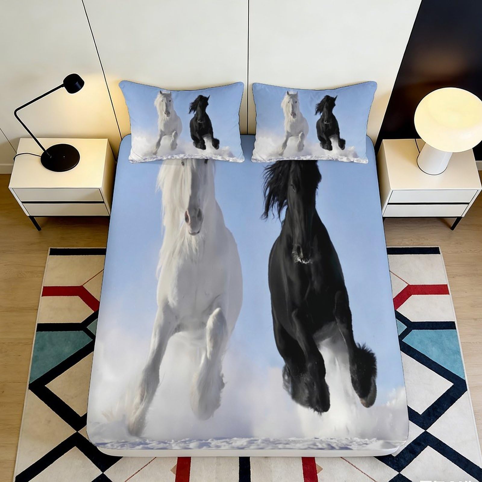 3D Printed Horses Fitted Sheet, Microfiber Soft Touch Bed Cover, Bedroom Decor, Wrinkle Resistant, Guest Room Bedding, Easy Care, Black White Horse Print 120x200x25cm