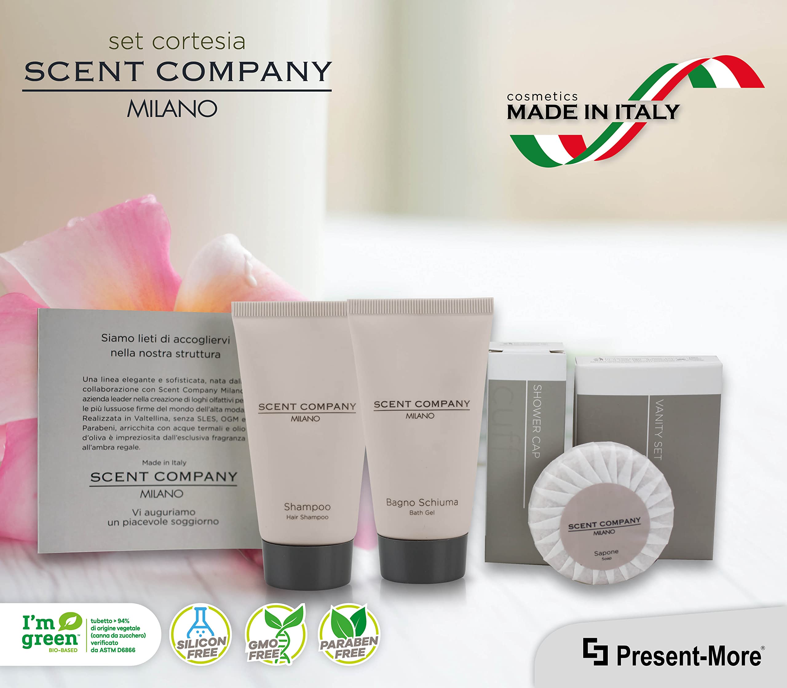 PRESENT-MORE - Set Cortesia 30 Ospiti Scent Company Milano - Fragranza Ambra Regale - Contiene: Shampoo, Gel Doccia, Sapone, Cuffia e Vanity - Made in Italy - Per Hotel e B&B