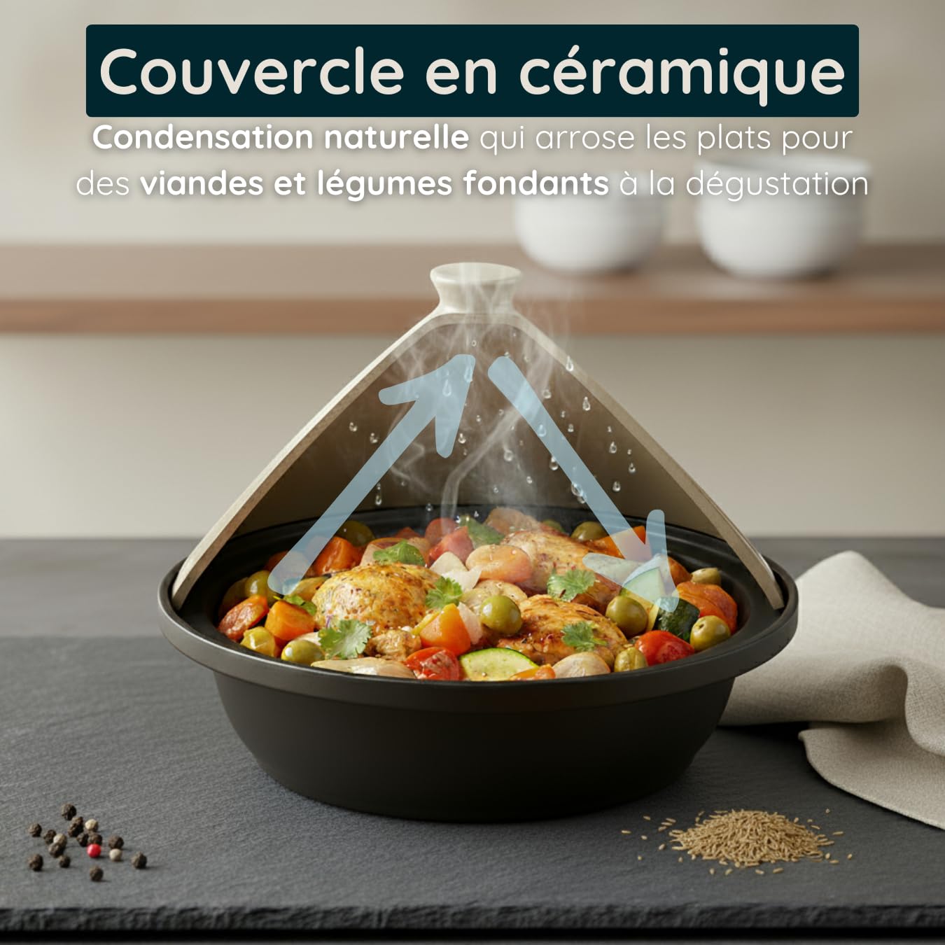 Tajine Induction Tous Feux Diamètre 30 cm - Revêtement antiadhésif - Couvercle Céramique – Fonte d’Aluminium – Marmite, Casserole, Plat pour une Cuisine Orientale Traditionnel