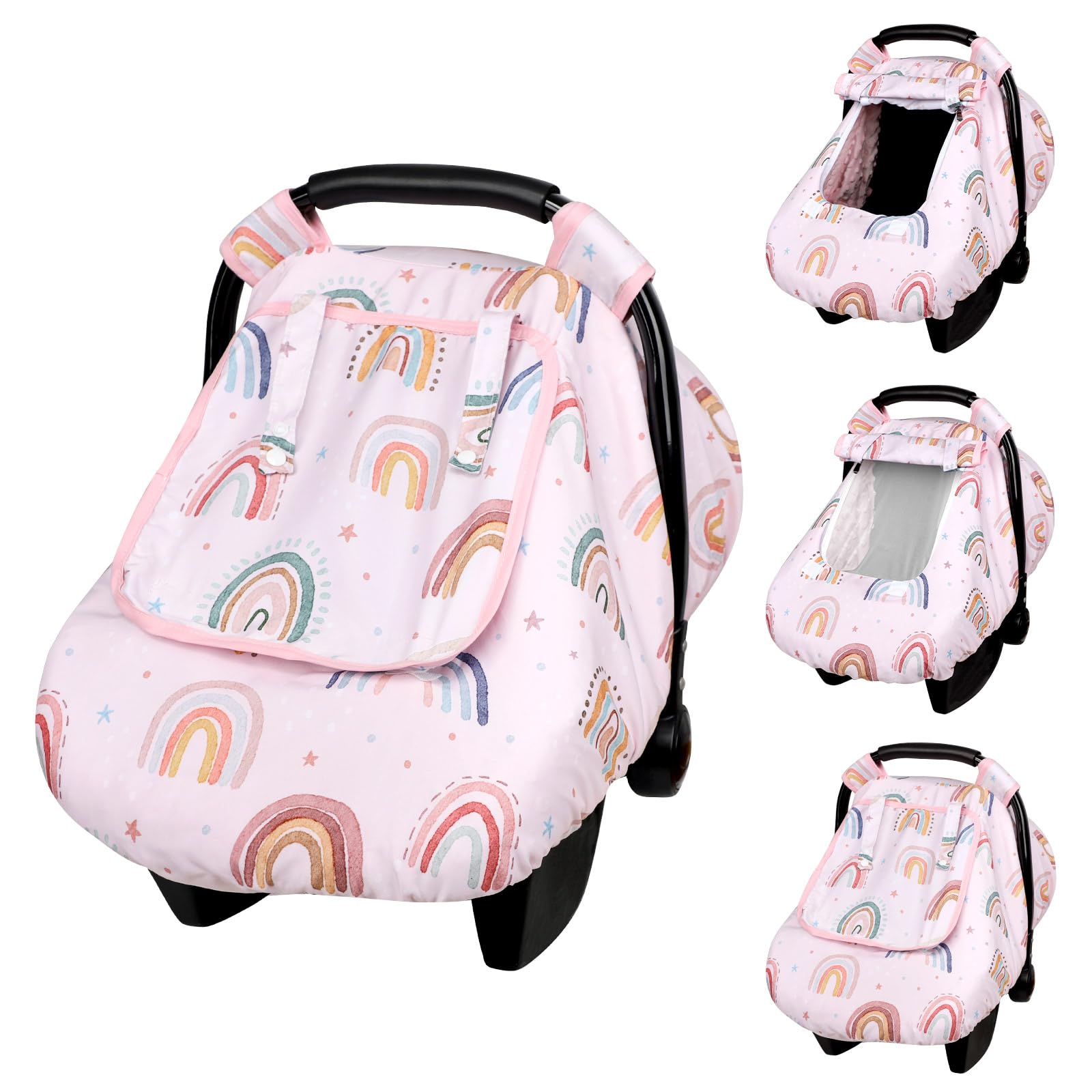 CARUILI Car Seat Cover Baby Girl, Warm Winter Carseat Cover for Baby, Kick-Proof Infant Car Seat Cover with Peep Window, Windproof & Cozy, Pink