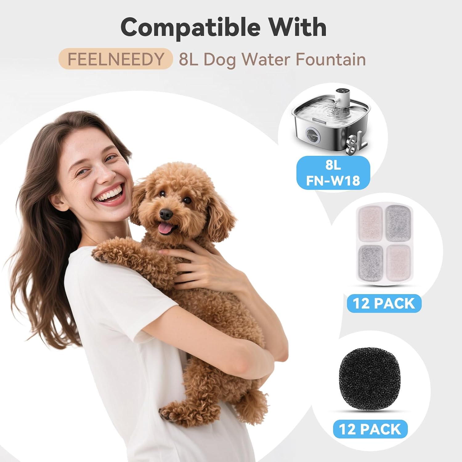 24 Pack Dog Water Filters for FEELNEEDY 8L Stainless Steel Dog Water Fountain FN-W18, Ion Exchange Resin with Coconut Shell Activated Carbon Filter Refills, 12 Pack Filters & 12 Pump Sponges