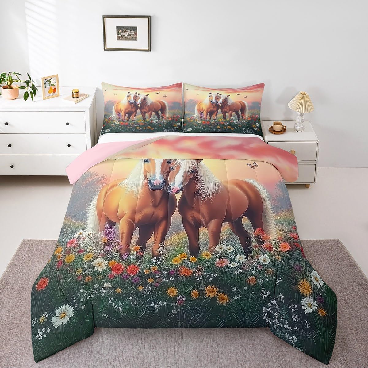 Horse Bedding Sets Toddler Size, Botanical Floral Comforter Set for Kids Adults, Western Cowgirl Bedding Comforter Sets Aesthetic Country Bed Set, Horse Decor for Girls Room (Pink Reversible)