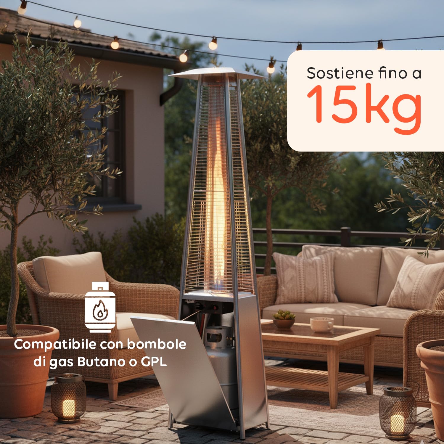 Avilia – Stufa Piramidale a Gas da Esterno Aura 12kW con Accensione Piezoelettrica e Termostato Regolabile per Terrazze e Giardini, Funzionamento con Bombola GPL o Butano, Design Moderno - Grigia