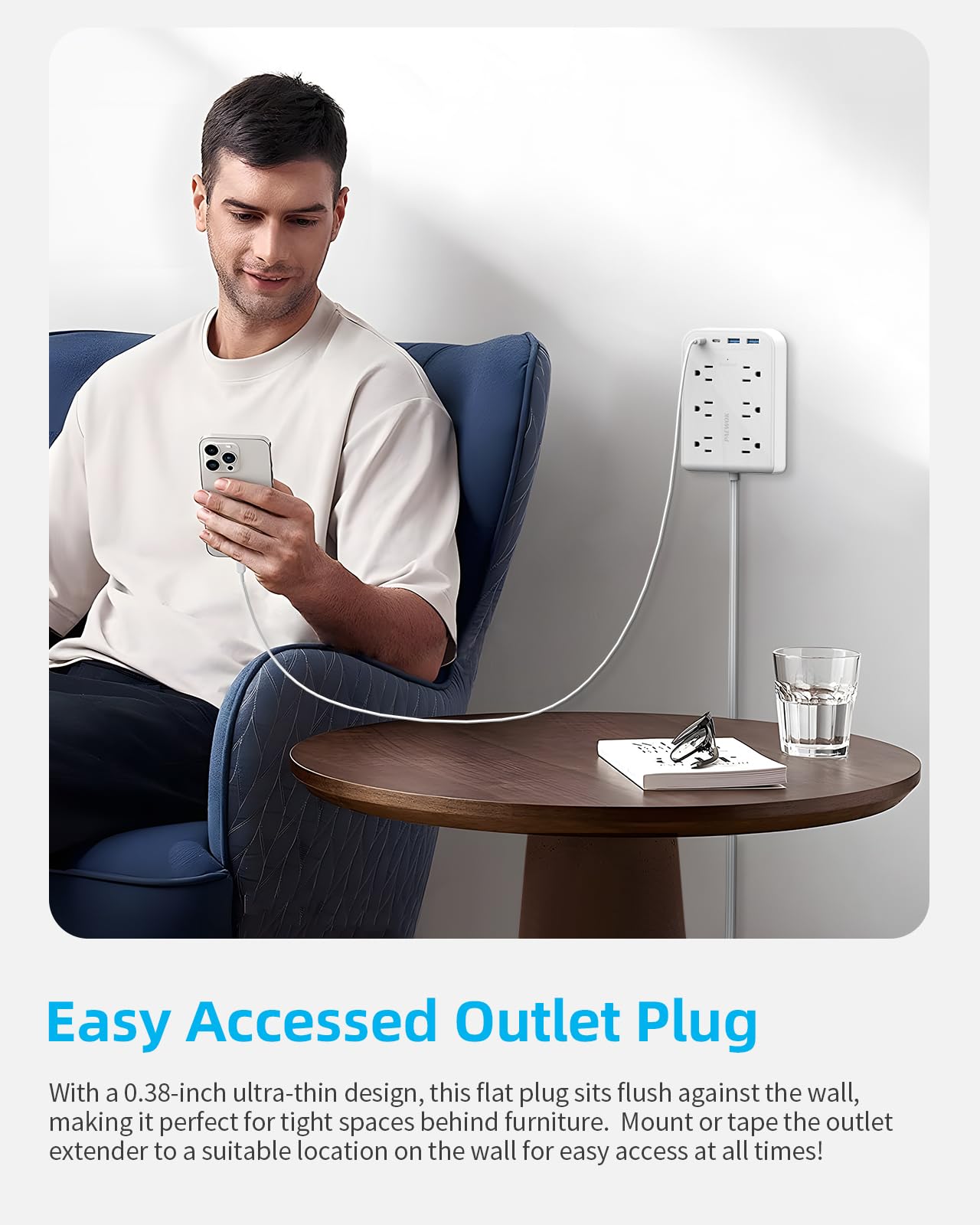 1,5 m Flachsteckerverlängerung mit 4 USB(2 USB C), 6 Steckdosen, Multi-Stecker Expander Wandladegerät, ultradünne Verlängerungskabel, Überspannungsschutz