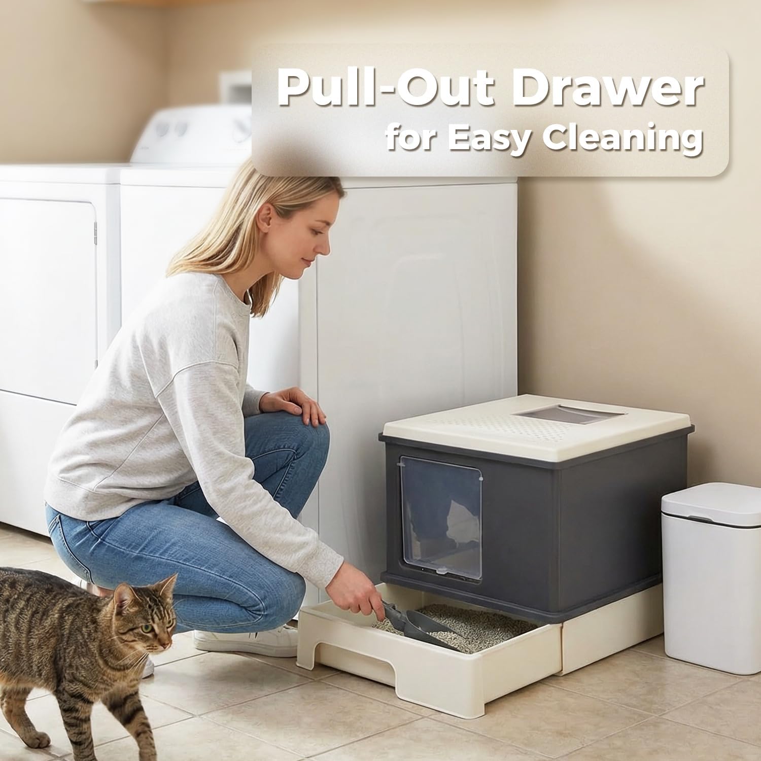 MUTTROS XL Enclosed Cat Litter Box for Large Cats | Top Exit Anti-Tracking, Leak-Proof High-Side Design, Odor Control Toilet with Drawer & Scoop (Dark Grey)