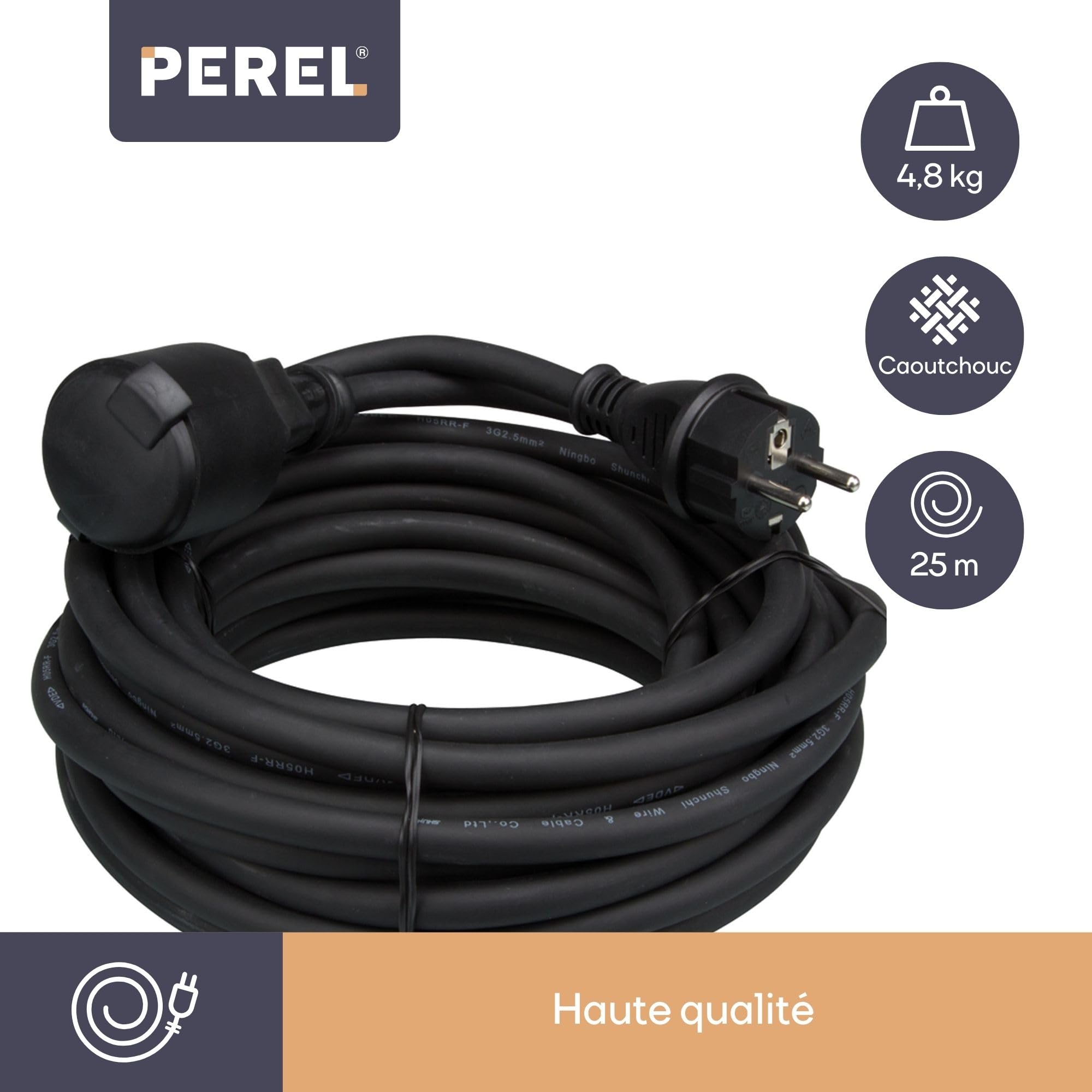 Perel ec25r25 Rallonge, 3 G2,5, 25 m de longueur, en caoutchouc noir