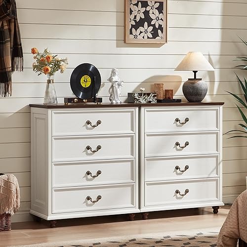 Miniatura 25 de Cómoda de 5 cajones estilo granja para dormitorio, cofres de cajones rústicos de 45" de alto con 4 patas de madera maciza, cómodas de almacenamiento