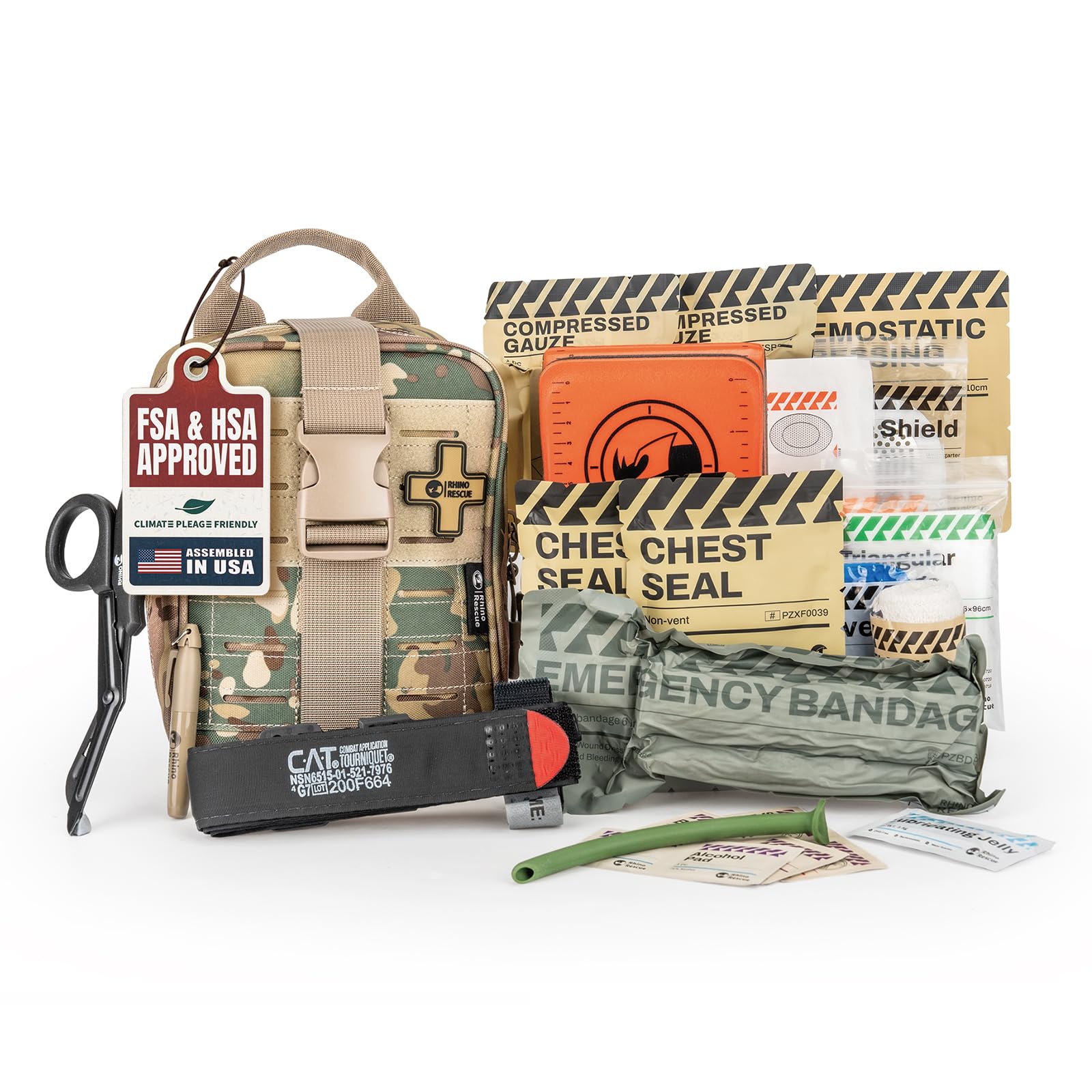 RHINO RESCUE IFAK Trauma Kit with C-A-T Tourniquet, Tactical First Aid Kit Molle Pouch for Military, Combat, Car, Camping, Hiking, Travel (Camo)
