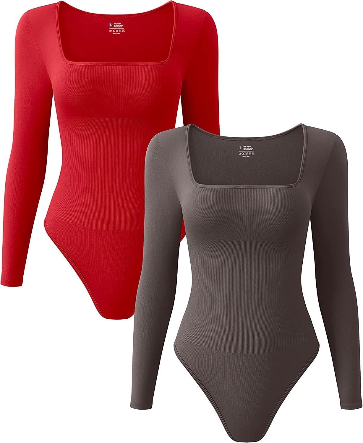 Women’s Sexy Ribbed Square Neck Long Sleeve Bodysuit Set - 2 Piece Shapewear Bodysuits (Color : Red Tea Leaf, Size : S)