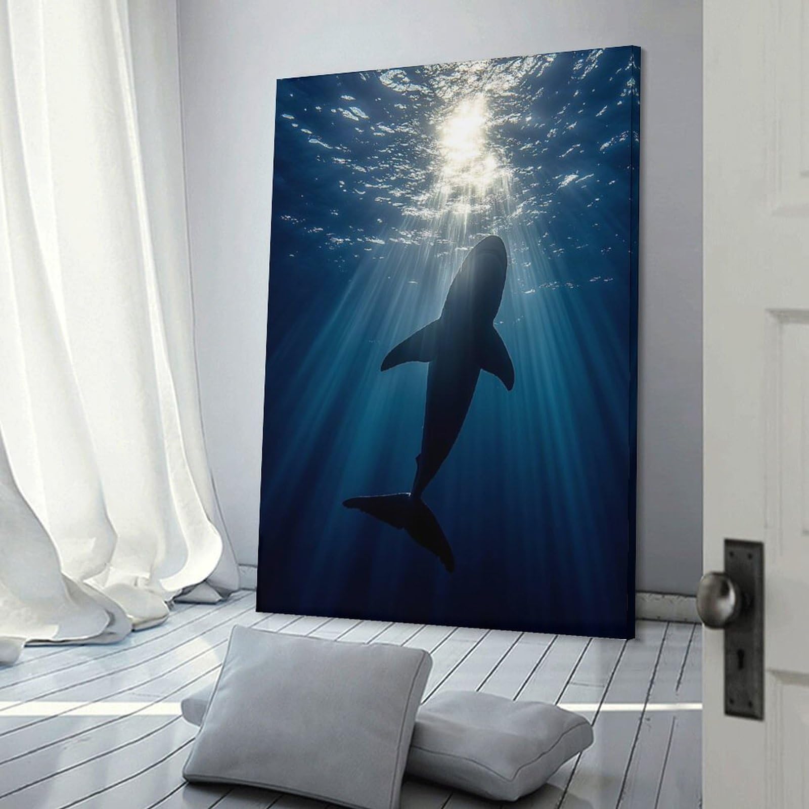 Junmoney Great White Shark in Ocean Depths Wall Art Print 24x36inch(60x90cm), for Gallery Wall Layouts in Home Or Office, An Easy Match for Collected Prints