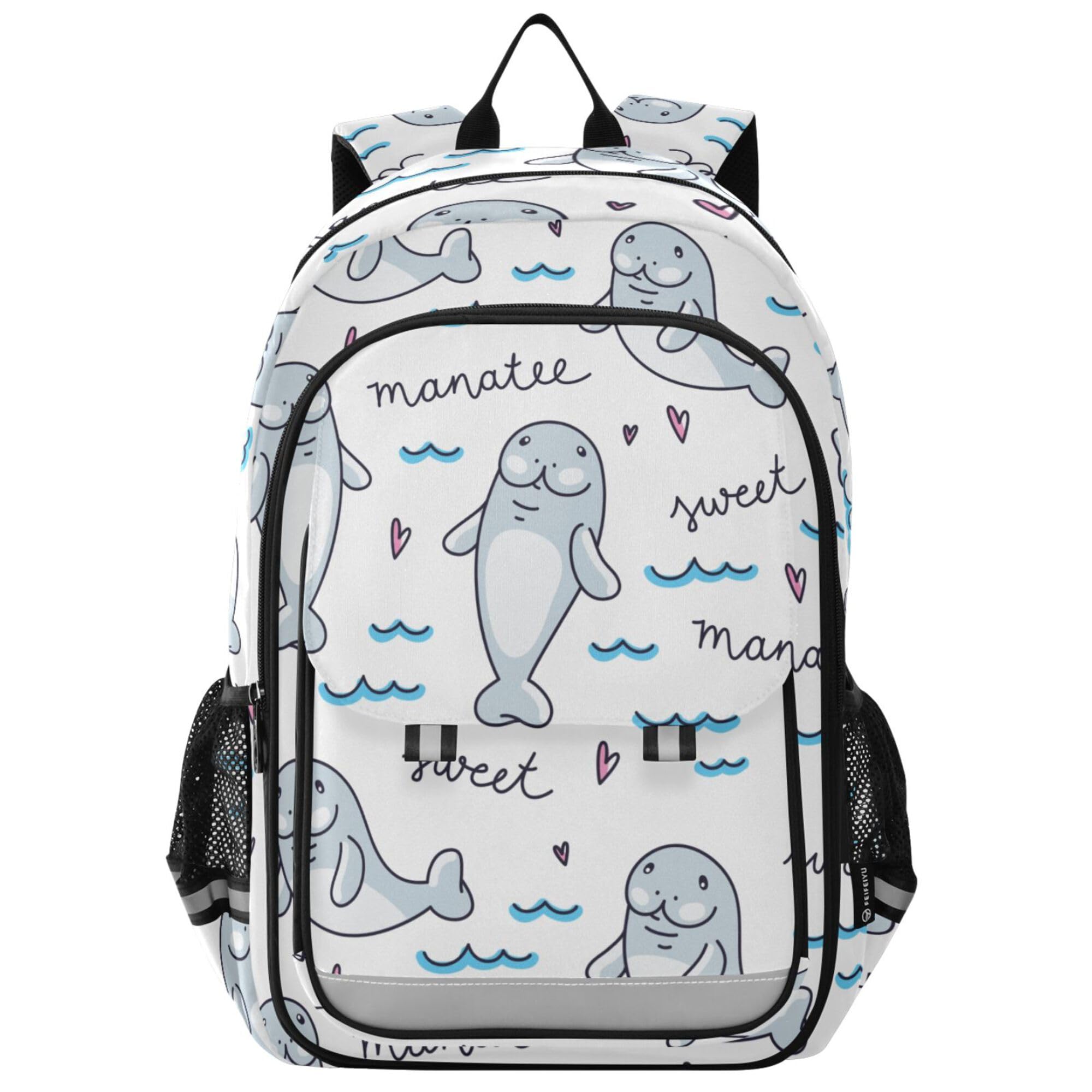 Glaphy Cute Cartoon Manatee Backpack School Backpack with Reflective Stripes, Lightweight Laptop Backpack Students Book Bag