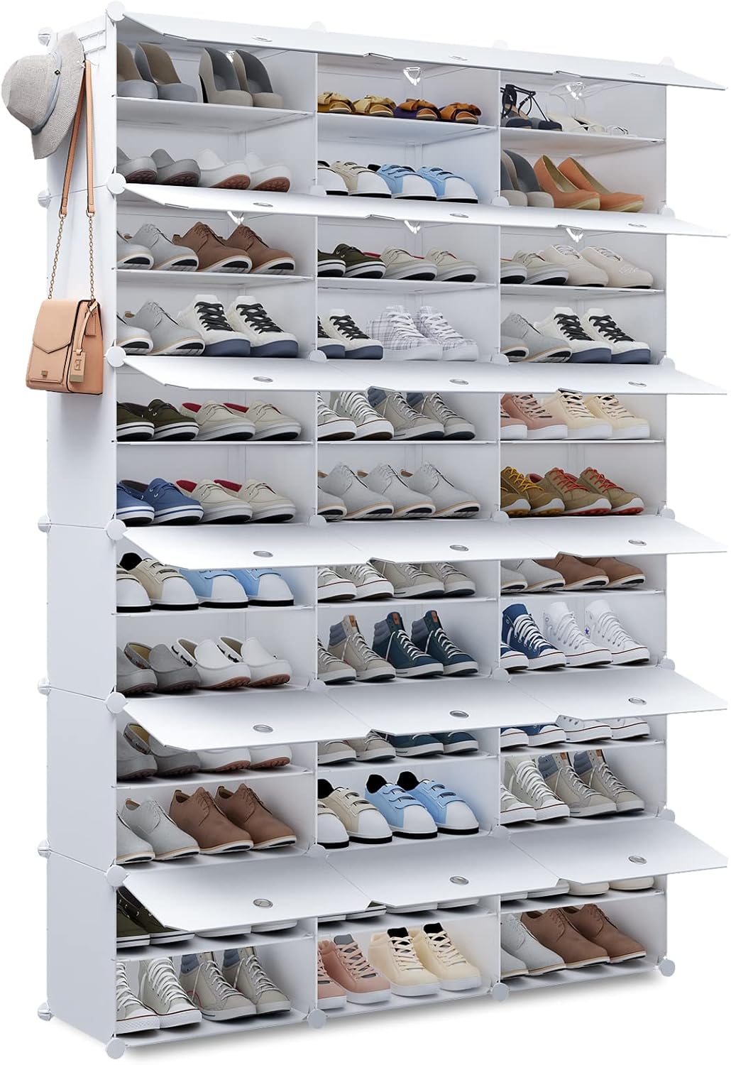 KOUSI Portable Shoe Rack Organizer 36 Grids Tower Shelf Storage Cabinet Stand Expandable for Heels, Boots, Slippers, White