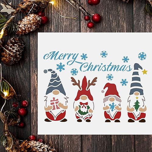 Miniatura 7 de FINGERINSPIRE Plantillas de decoración de 4 gnomos de Feliz Navidad de 11.7 x 8.3 pulgadas, A4, plantillas de pintura de dibujo reutilizables para