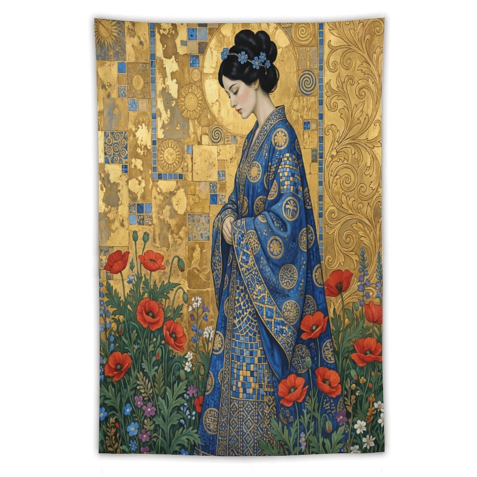 H3B8U2Y5 Blue Golden Mosaic Woman Wall Tapestry, Ceiling Hanging