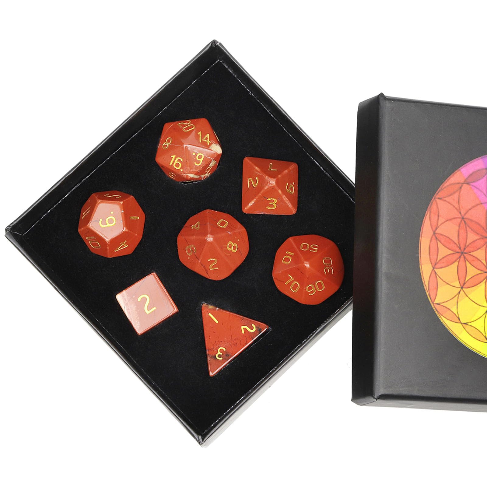 Nupuyai 7pcs Red Jasper Crystal Polyhedral DND Dice Set for RPG MTG Table Games, Polished Tumbled Stones Dices with Box for Home Decor
