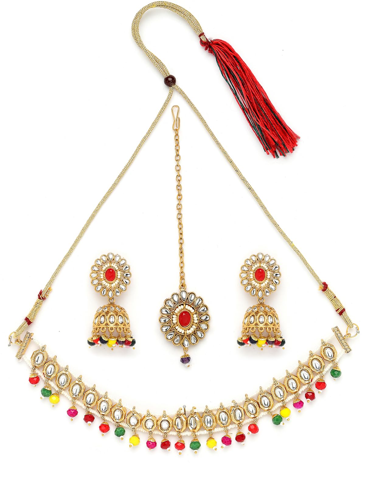 Sukkhi Vintage Gold Plated Red Multicolor Kundan & Beads Choker Necklace Set With Jhumki Earring And Maangtika | Jewellery Set For Women (NS105568) (B0CBBCLRKN) Amazon Price History, Amazon Price Tracker