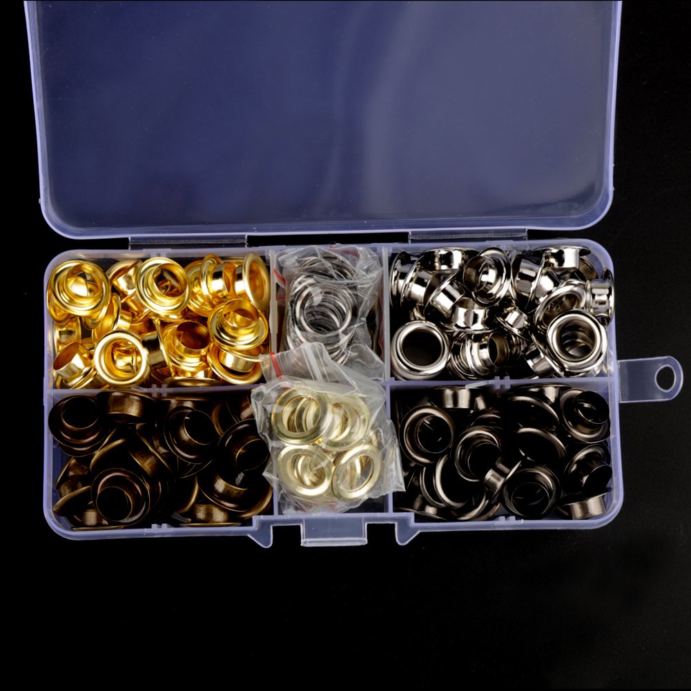 QWORK 200 pezzi Set Kit di attrezzi per occhielli, occhielli 8 mm, occhielli in metallo, con 3 strumento per occhielli, per tende Set di scarpe in tela cerata, 4 colori