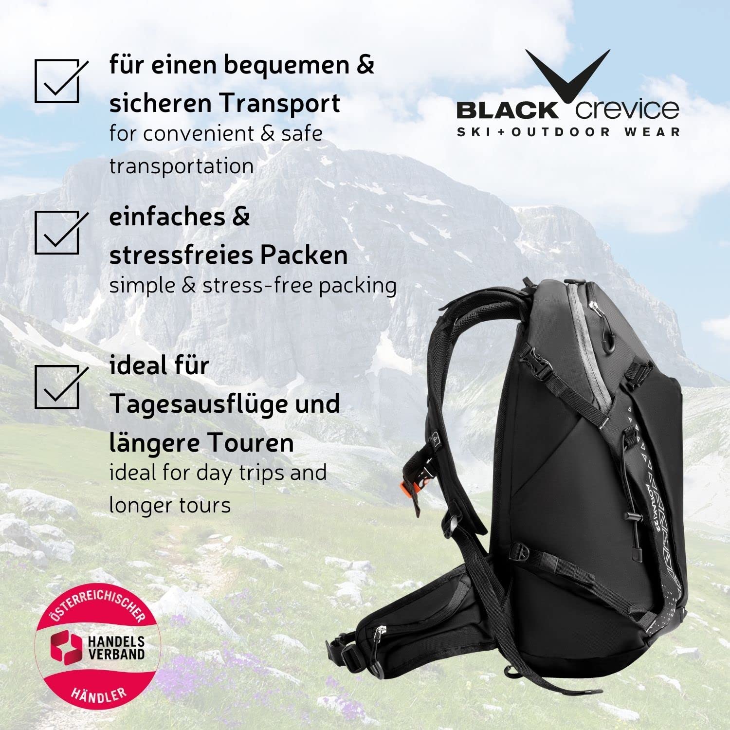 Black Crevice Wander & Bike Rucksack AORAKI 22 L I Hochwertiger Outdoor Rucksack mit Trinksystem & Regenhülle I Verstellbarer Skirucksack I Ergonomischer Backpacker Rucksack Damen & Herren