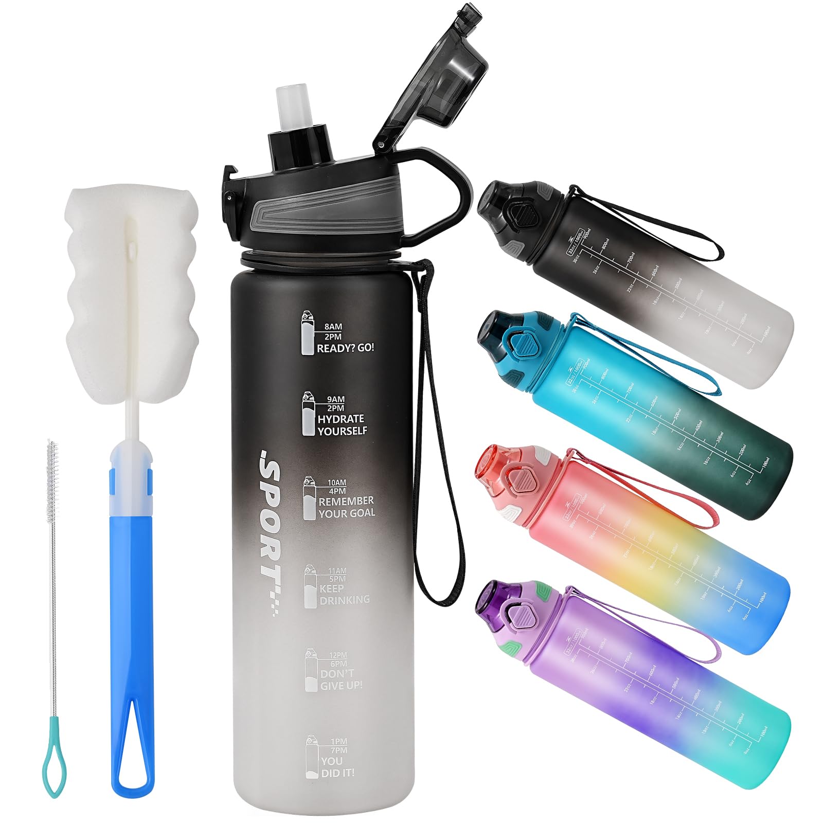 YOUNGCLUE 1L Water Bottle with Straw,Sports Drinks Bottle Leakproof,1 Litre Water Bottles With Time Markings BPA Free,Boys Girls Adults water bottles for Gym,Office, Travel,Cycling (7-Black White)
