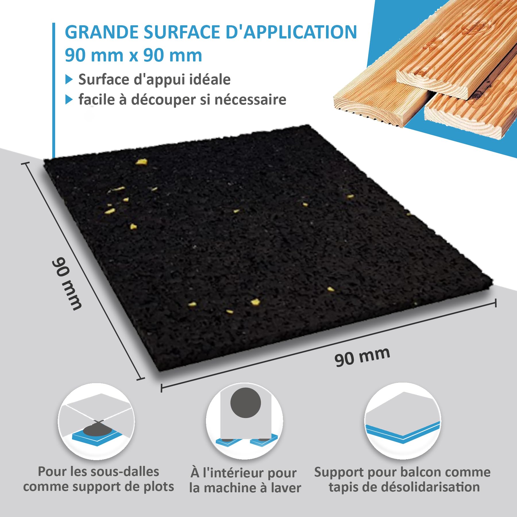 My Plast I 90 x 90 x 10 mm - 100 pièces I Dalle amortissante pour terrasses - dalle caoutchouc résistante à l'eau pour le bois de la terrasse, cale terrasse protection de construction résilient
