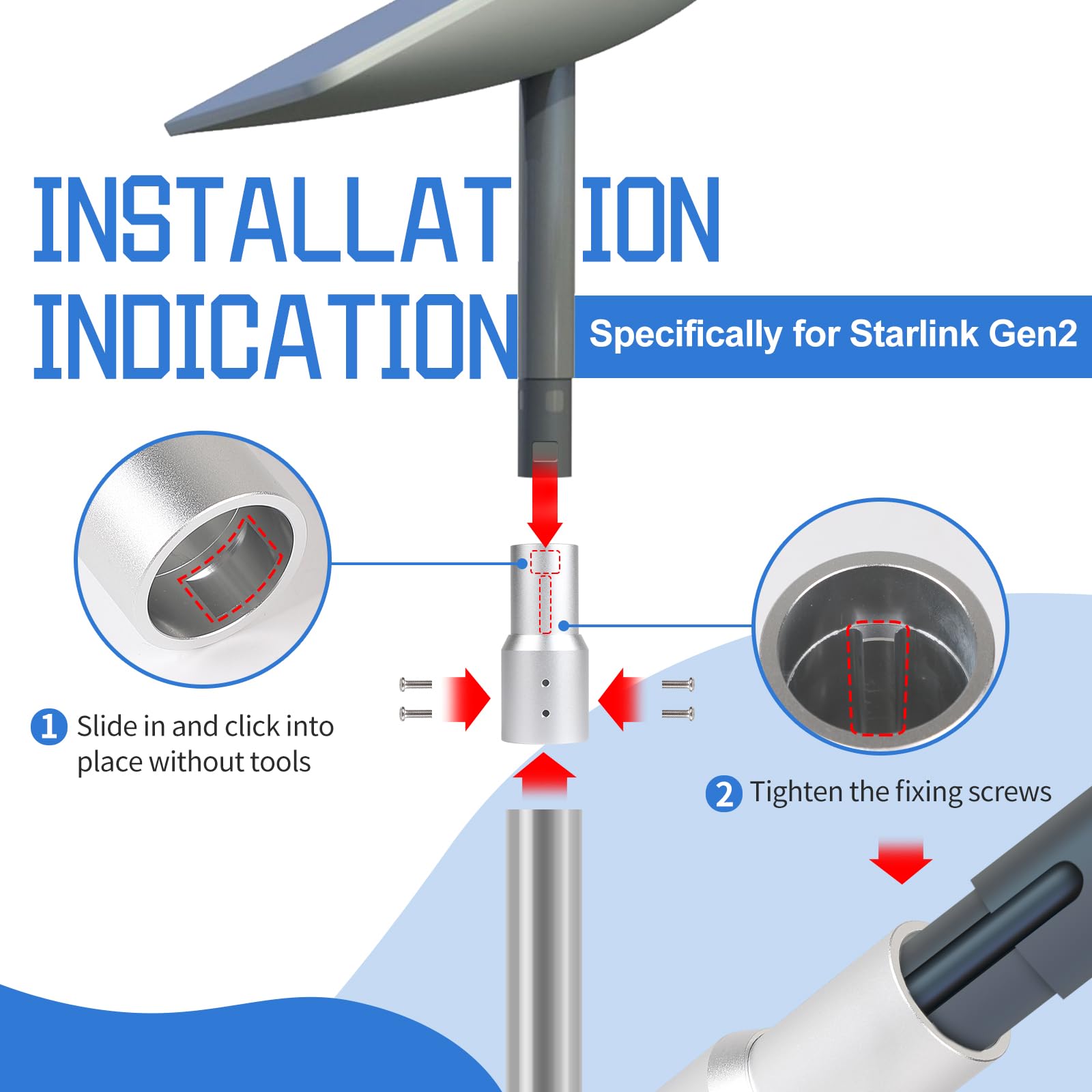 EFUTURETIME Adaptador de Tubo Starlink Gen 2 en Aluminio para Montaje de Starlink V2 Plano en mástil, Tubo, Poste o Barra de φ 30 mm - 49 mm