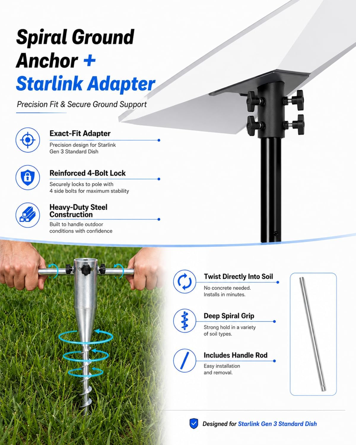 10Ft Pole Mount Kit Compatible with Starlink Gen 3 for RV&Outdoor