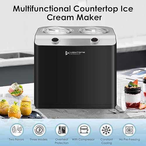 Miniatura 2 de Homtone Máquina de helados de 2 sabores, compresor automático de helados con 2 cuencos, 2.6 cuartos de galón (2 x 1.3 qt) de mayor capacidad y