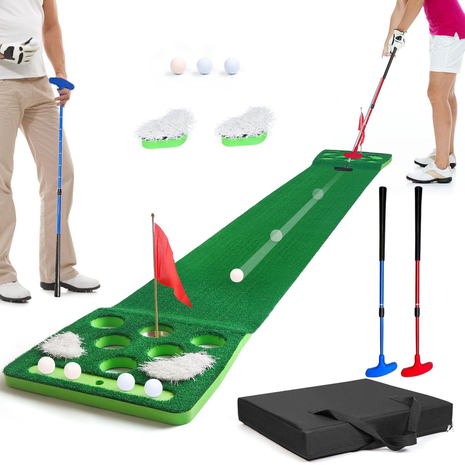 golf pong game set, detachable golf pong putting mat with 8 golf balls, 2 golf cups & flags, 1 portable bag, golf putting green for indoor & outdoor party game use