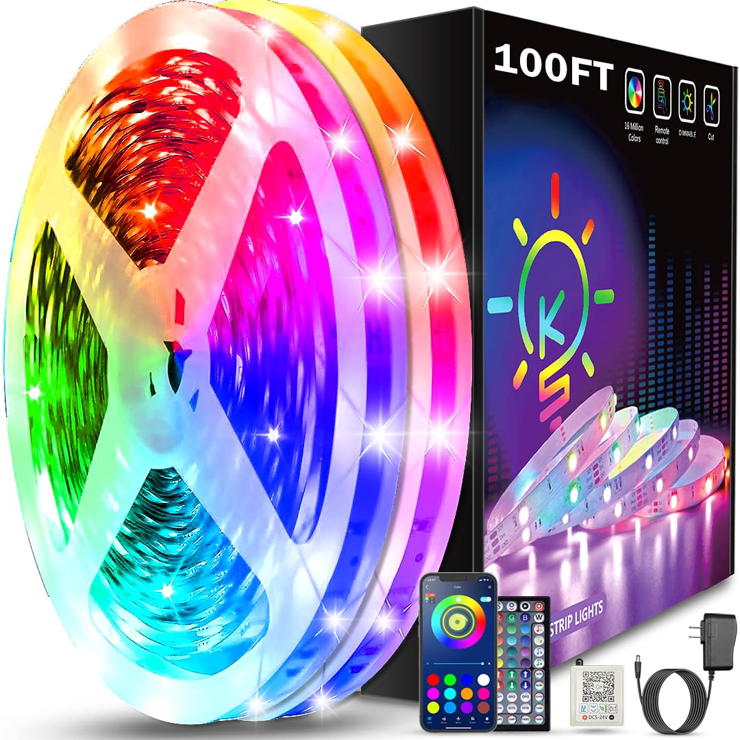 Keepsmile 100ft Led Strip Lights (2 Rolls of 50ft) Bluetooth App Control Led Lights Strip with Remote Music Sync Color Changing RGB Led Lights for Bedroom Room Home Christmas Decor (Lumiere Led 30M)