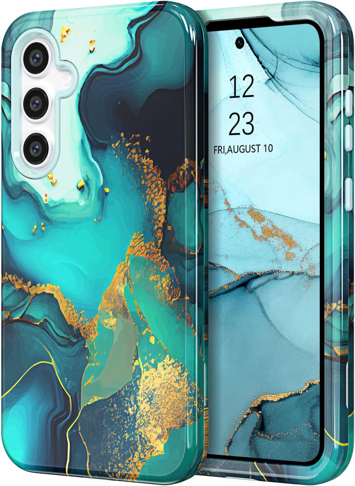 YINLAI for Samsung Galaxy S23 FE Case Marble Pattern 3 in 1 Full Body Rugged Hard PC Back Cover Bumper, Soft Silicone Drop Shockproof Protection Girly Case for Samsung S23 FE 5G 6.4", Azure Blue