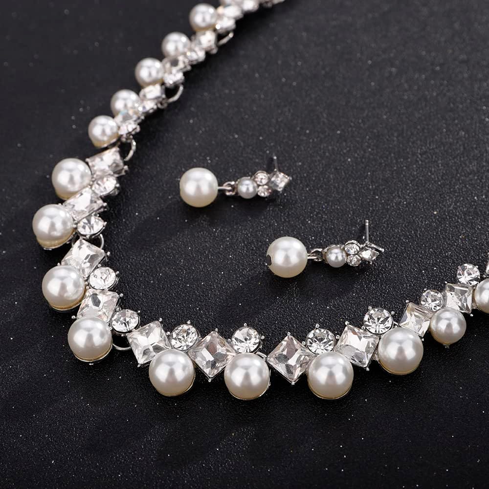 JWICOS Bride Silver Necklace Earrings Set Pearl Bridal Wedding Set Rhinestone Choker Necklace for Women Prom - Image 7