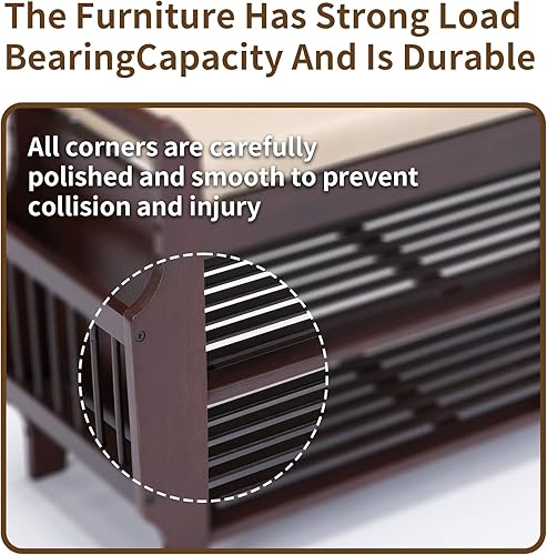 Miniatura 25 de Banco de zapatos de bambú con 3 ganchos laterales, cojín gris extraíble, almacenamiento de zapatos de entrada de 2 niveles, 37.4 x 11.4 x 19.3