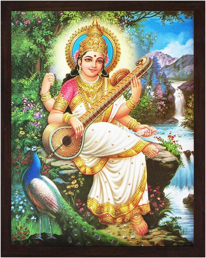 HandicraftStore Goddess Saraswati Playing Her Saraswati Veena at River End and Peacock Enjoying, Poster Painting with Frame for Religious & Worship