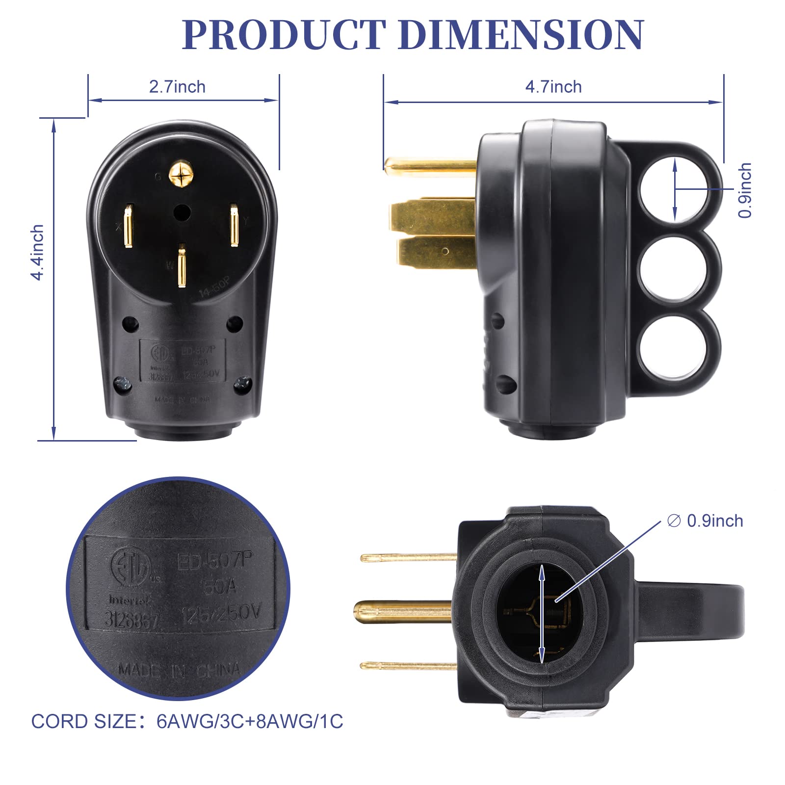 RV Replacement Male Plug NEMA 14-50AMP, 125/250V, ETL Certified