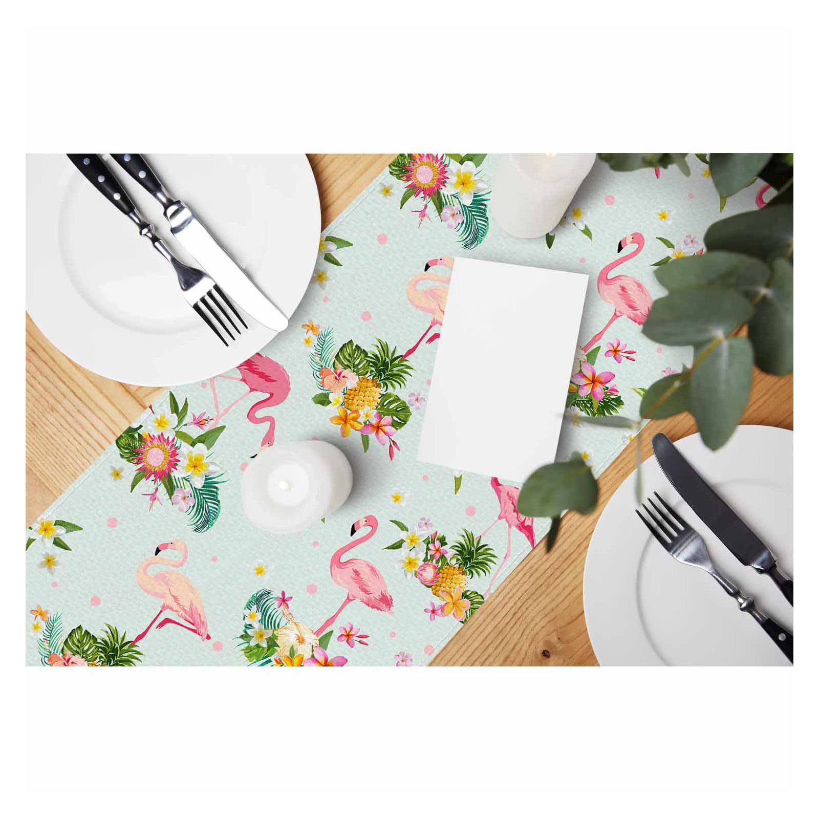 HOSNYE Table Runner Pink Flamingo Bird and Tropical Flowers,Cotton Linen Table Runner Decoration for Kitchen Family Dinner Table Holiday Party